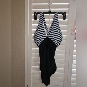 Black and White Striped One Piece Swimsuit